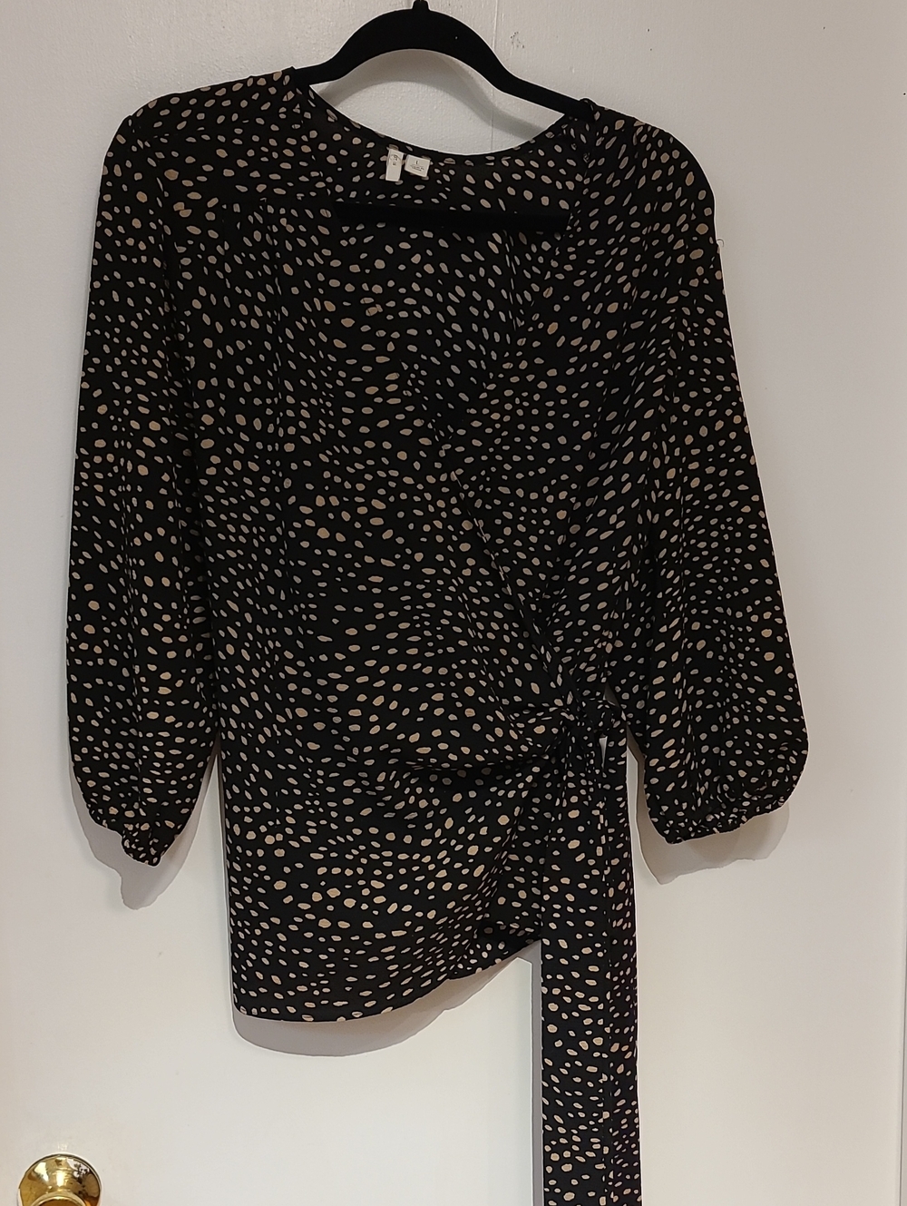 Black Wrap Blouse with Beige Dot Print